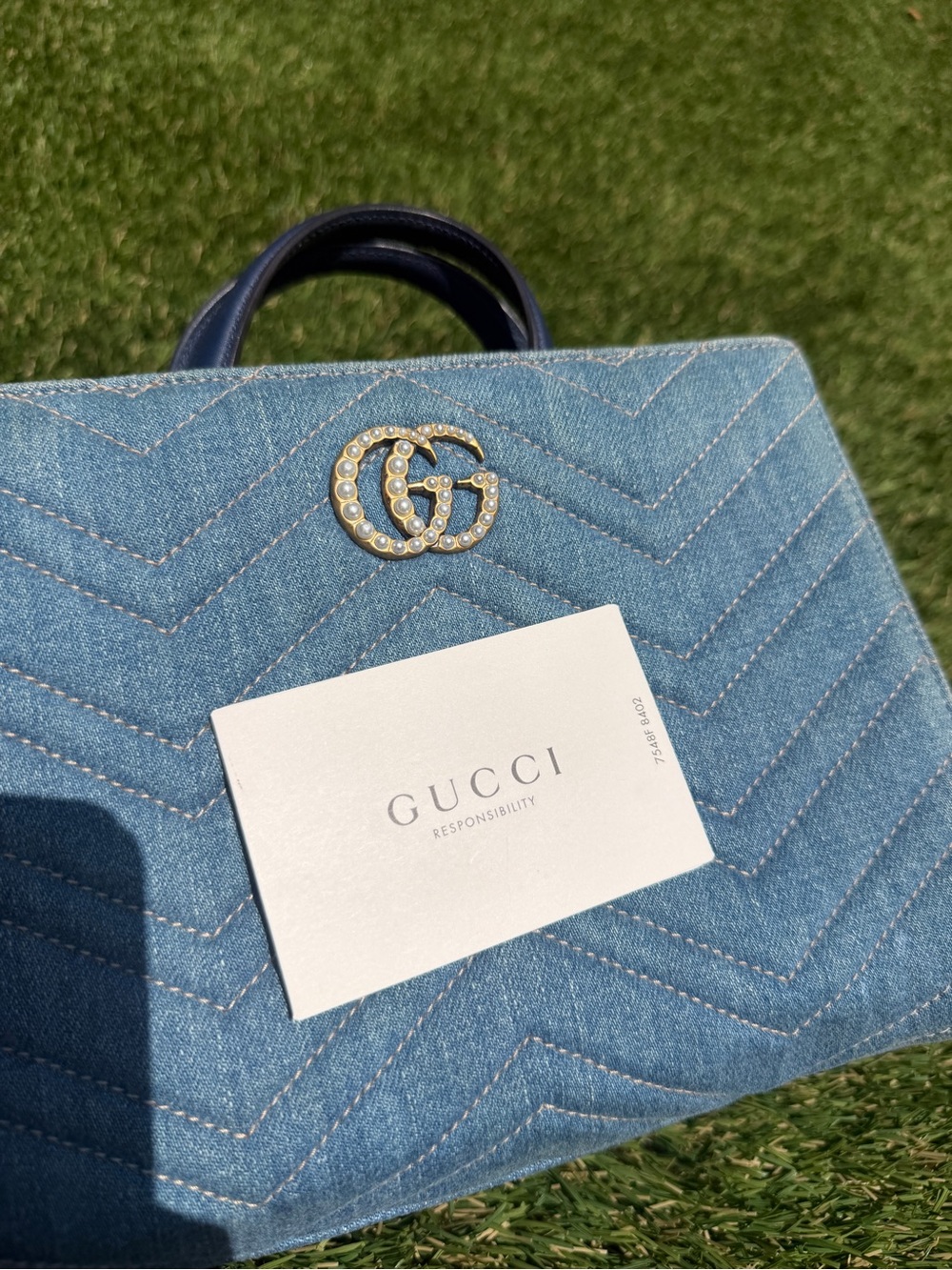 GUCCI GG Marmont Matelassé Denim Pearly GG Top Handle Small Satchel - Picture 4 of 4